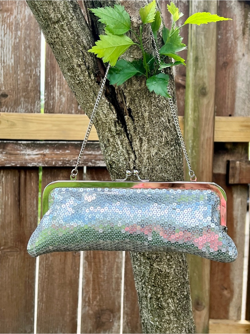 NWT Vintage Y2K silver sequin baguette chain bag purse clutch Ann Taylor LOFT